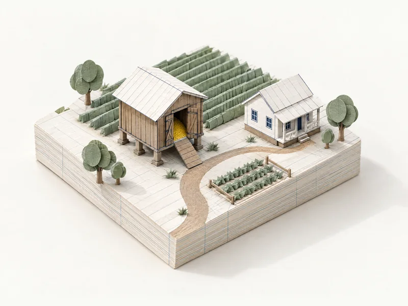 Maquete de papel de uma fazenda vista de cima: lavoura em fileiras, casa com varanda e, no centro, uma tulha de madeira com a porta entreaberta e o grão amarelo aparecendo.