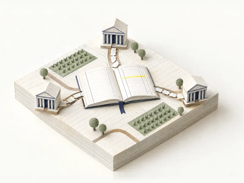Maquete de papel: um livro-caixa aberto no centro, com uma linha marcada em amarelo, e três prédios de banco nas bordas, cada um mandando uma fila de papeizinhos até o livro.