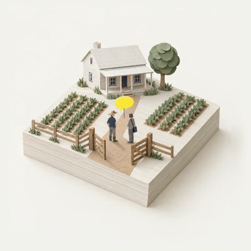Maquete de papel: uma porteira aberta e, logo depois dela, o produtor e o consultor conversando de frente, com um balão de conversa amarelo, sem nada escrito, preso entre os dois; atrás, a casa com a varanda e a lavoura.