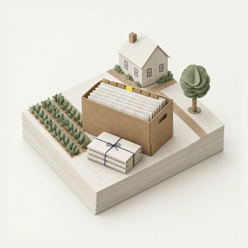 Maquete de papel: uma caixa-arquivo de papel pardo cheia de documentos em pé, um deles com a aba amarela, e um maço de três documentos amarrado com linha azul, com a casa ao fundo.