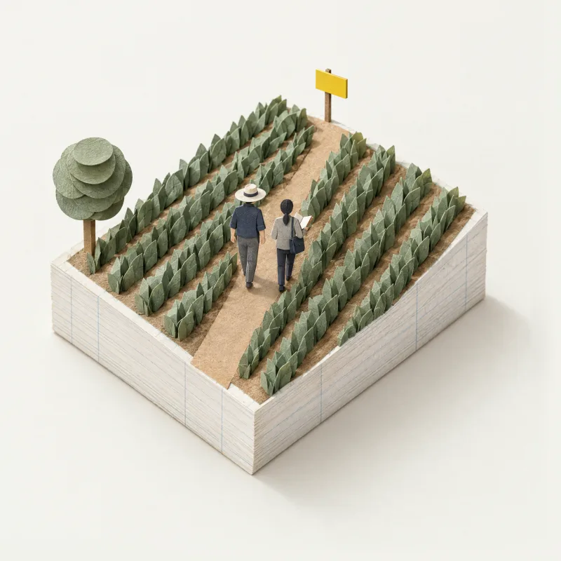Maquete de papel: o produtor de chapéu e uma consultora caminham lado a lado por uma estrada de terra entre a lavoura, rumo a uma placa amarela.